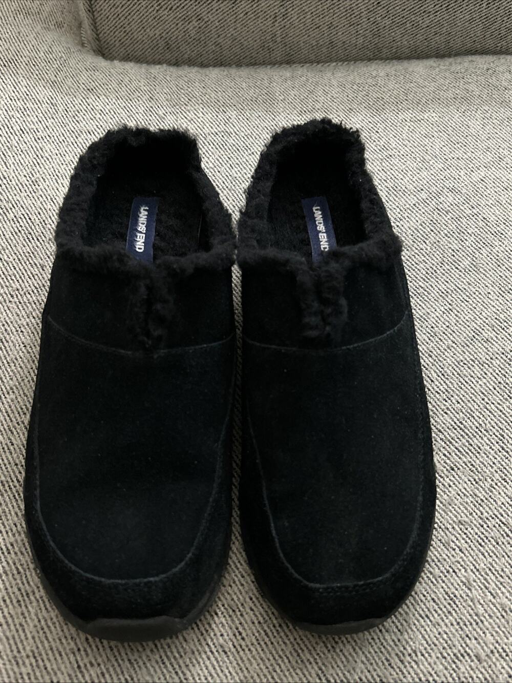 Lands End Women’s Size 11 All Weather Suede Clog Faux Fur Lined Wedge Heel Black
